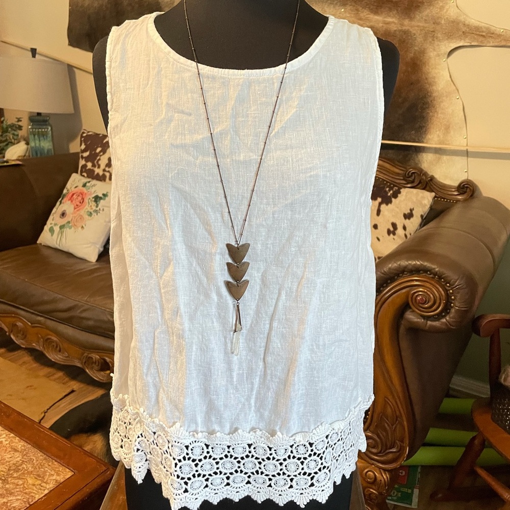 Marina Luna 100% linen crochet white blouse